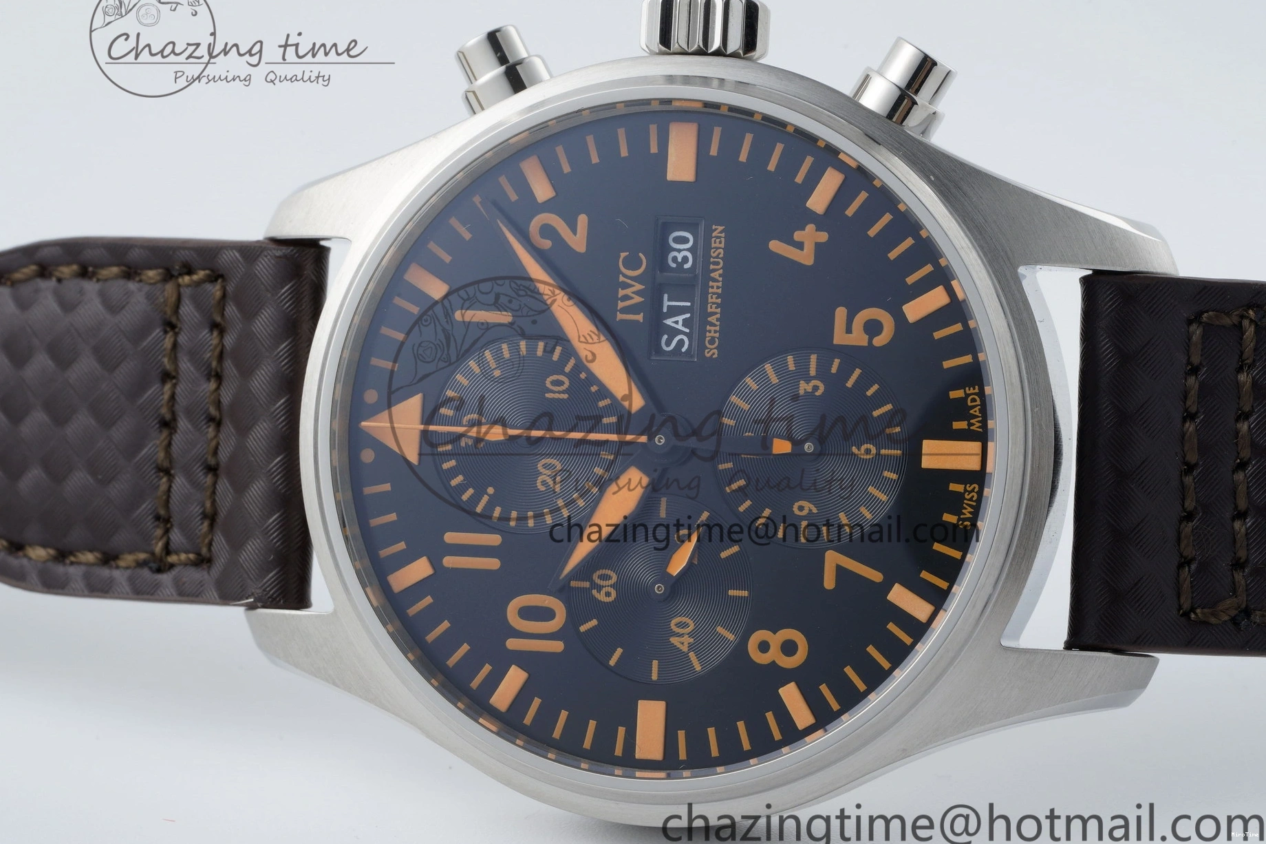 MIROTIME 0118 Pilot Chrono SS AZF 1:1 Best Edition Black Dial Orange Markers on Brown Leather Strap A EasyCare 7065